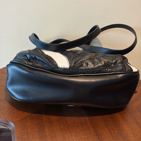 Vintage 1980s patchwork leather bag shoulder bag  3 compartment  black/white EVC - Picture 9 of 16